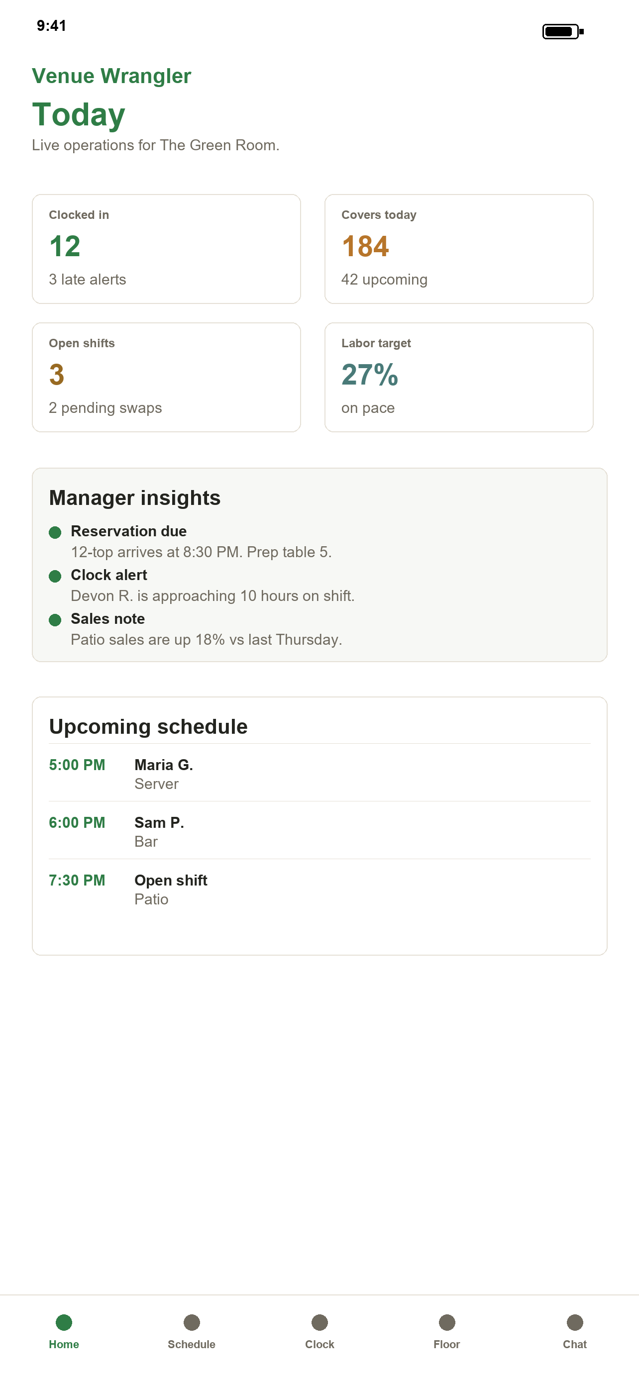 Venue Wrangler manager dashboard showing live operations