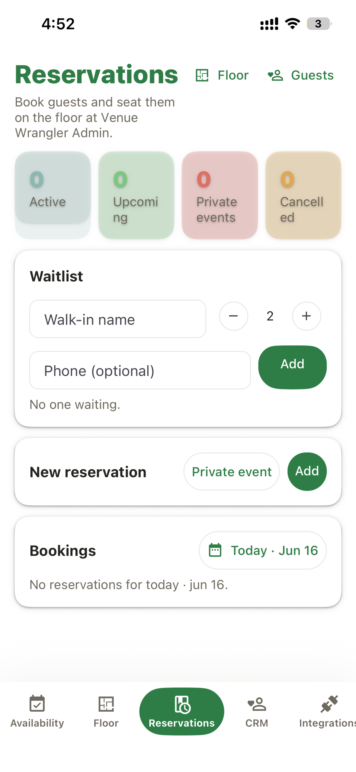 Reservations screen